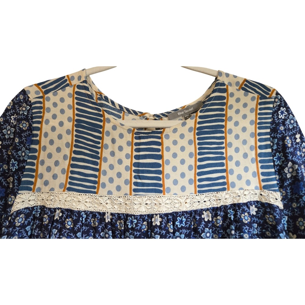 Blue Tassel Womens L Boho Mixed Print Floral Polka Dot Lace Trim Blouse Blue - Picture 2 of 9